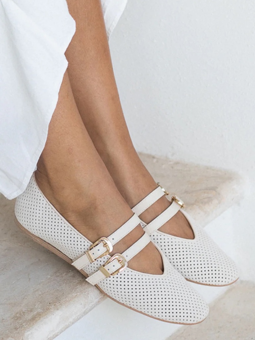 Dolce Vita Baylee Mary Jane Flats in Bone Perforated Suede Double-Strap